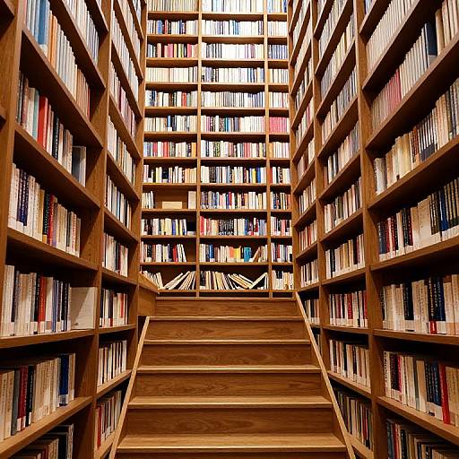 Photograph of a wooden staircase ascending between two towering bookshelves filled with colorful books in a library. Warm lighting enhances the rich wood tones and vibrant