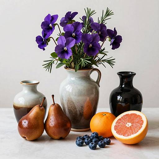 Still Life with Purple Violets and Fresh Fruit
