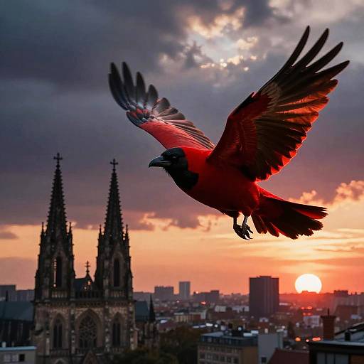Red Raven Over Gothic Cityscape