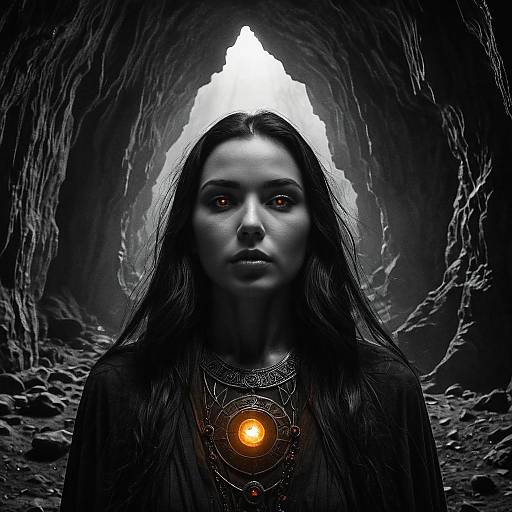 Ancient Mystic Woman with Glowing Amber Eyes in Moonlit Cave
