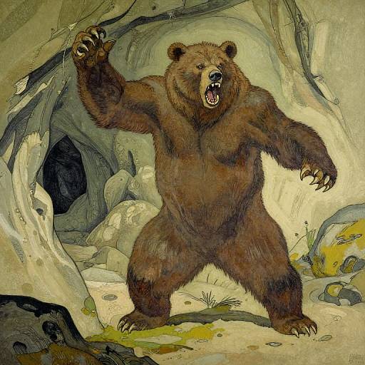 Digital drawing of a fierce, brown bear standing on its hind legs in a cave, roaring with one arm raised, claws visible, surrounded by rocky textures