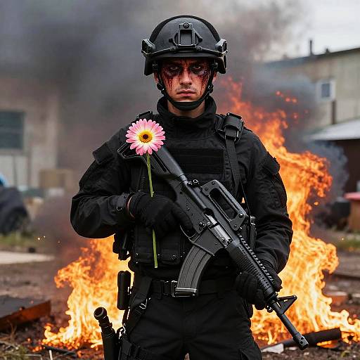 Soldier With Daisy Amidst Urban Chaos