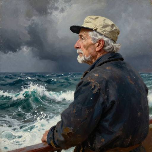 Oil painting of an elderly white man with a white beard and cap, gazing at turbulent ocean waves under a stormy sky.