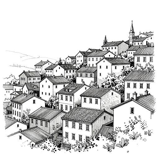 Monochrome Sketch of Dense Hillside Town