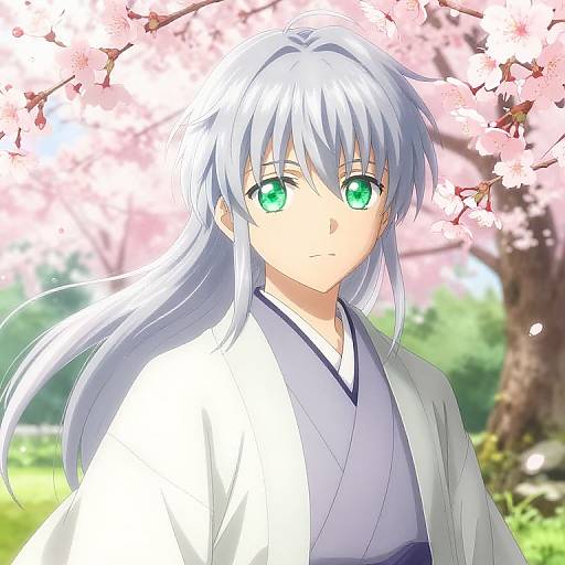 Anime-style digital drawing of a silver-haired boy with green eyes, wearing a white kimono, standing under pink cherry blossoms.