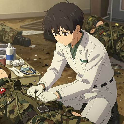 Anime-style drawing of a black-haired, brown-eyed male medic in a white uniform tending to soldiers' gear in a muddy, cluttered military tent