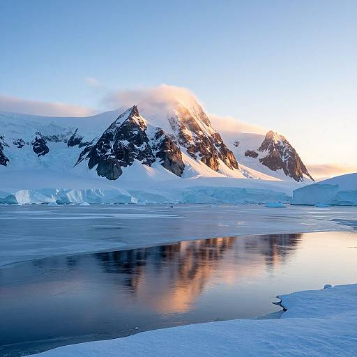 Photograph of a serene, icy landscape at sunset with snow-covered mountains reflecting in a calm, frozen lake, under a clear blue sky.