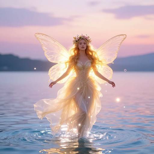 Photograph of a glowing fairy with translucent wings, golden dress, and flower crown, standing in a serene lake at sunset.