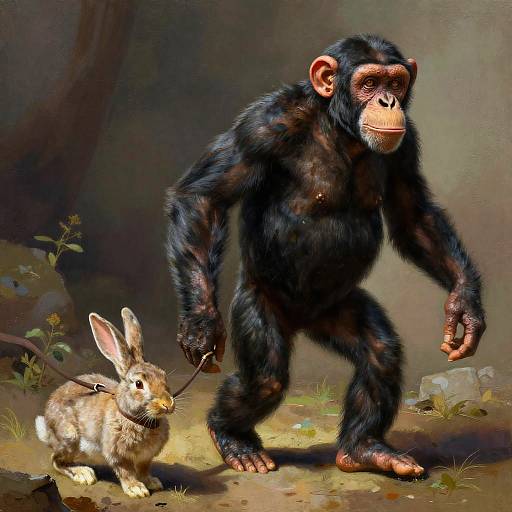 Anthropomorphic Chimpanzee Walking Rabbit