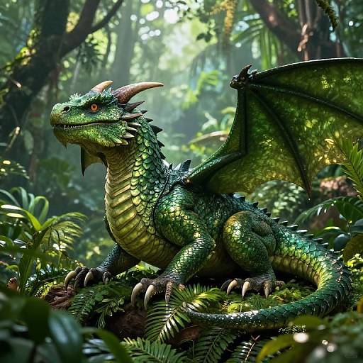Digital art of a green, scaly dragon with glowing red eyes, large wings, and horns, resting amidst lush, sunlit jungle foliage.
