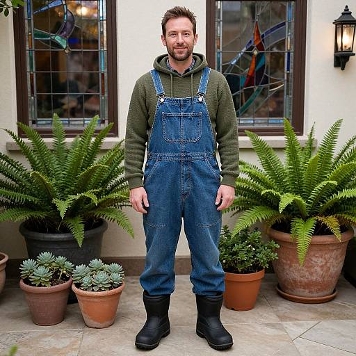 Photograph of a bearded man with short brown hair, wearing green hoodie, blue denim overalls, and black boots, standing in front of a