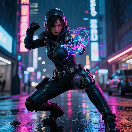 Cyberpunk night scene: Female soldier in black tactical gear kneels, glowing neon hand weapon, rain-soaked street, vibrant neon signs, futuristic