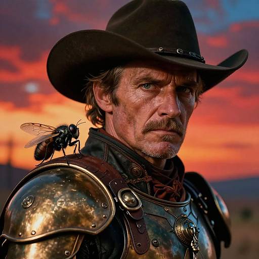 Photograph of a rugged, middle-aged man with a mustache, wearing a black cowboy hat and shiny bronze armor, against a vibrant sunset sky.