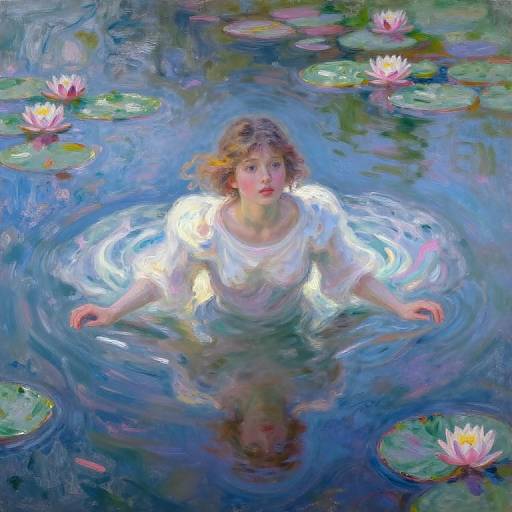 Impressionist painting of a young woman with curly blonde hair, wearing a white blouse, floating in a serene, blue pond with pink lotus flowers