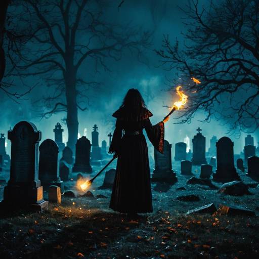 Mysterious Sorceress in a Foggy Graveyard