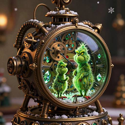 Photorealistic digital art of two vibrant green, fluffy, mythical creatures inside a steampunk clock mechanism adorned with snow and glowing gemstones.