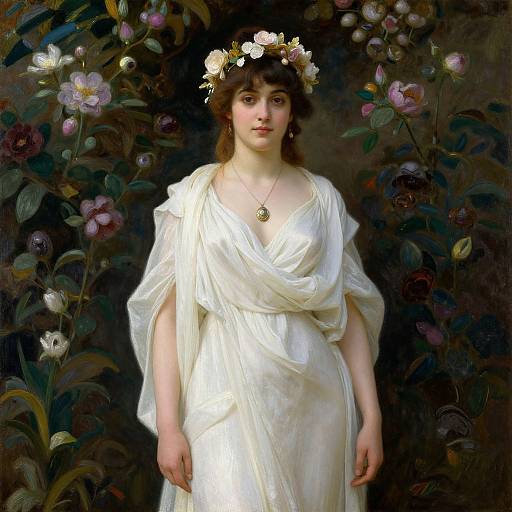 Photorealistic painting of a young woman with fair skin, dark brown hair, wearing a white, flowing gown, floral crown, and necklace, standing