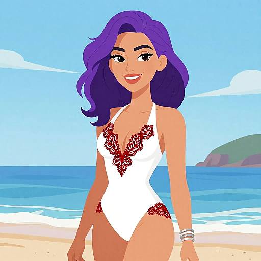 Cartoon-style digital illustration of a smiling woman with purple hair, wearing a white lace-trimmed one-piece swimsuit, on a sunny beach.