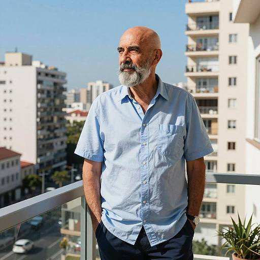 Photograph of an elderly bald man with a white beard, wearing a light blue short-sleeve shirt, standing on a sunlit balcony against a