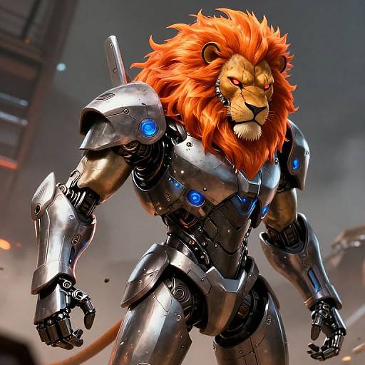 Digital artwork of a muscular, anthropomorphic lion with a vibrant orange mane, wearing futuristic, black metallic armor with glowing blue accents, standing in a sm