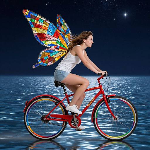Photograph of a woman with colorful, stained-glass fairy wings riding a red bicycle on a reflective, starlit water surface.