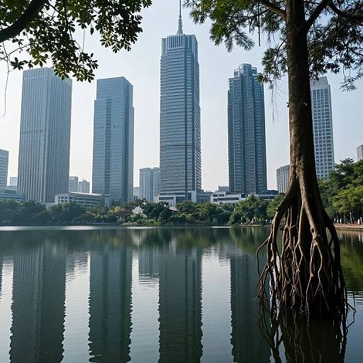 Surreal Skyscrapers Rooted Above Lake