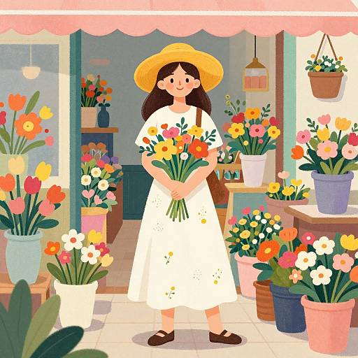 Cheerful Woman in Colorful Flower Shop