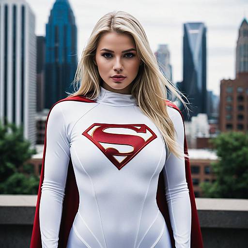 Blonde Woman in White Supergirl Costume in City