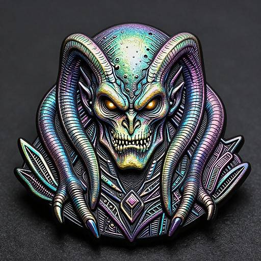 Digital artwork of a glowing, metallic, skeletal alien with glowing yellow eyes, intricate blue and purple patterns, and large, curved horns. Dark background enhances