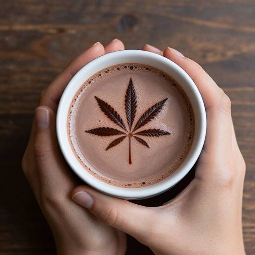 Photograph of hands holding a white cup with a chocolate latte featuring a leaf-shaped foam design on a wooden table.