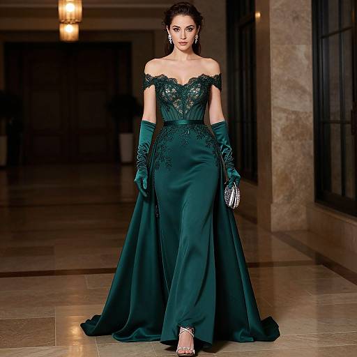 Photograph of a confident woman in an elegant, off-the-shoulder, dark green lace and satin gown with long gloves, walking down a dim