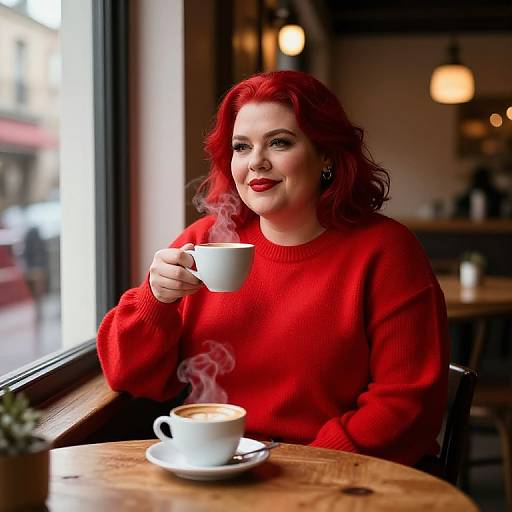Photograph of a red-haired woman in a red sweater, smiling while holding a steaming cup of coffee at a cozy café.