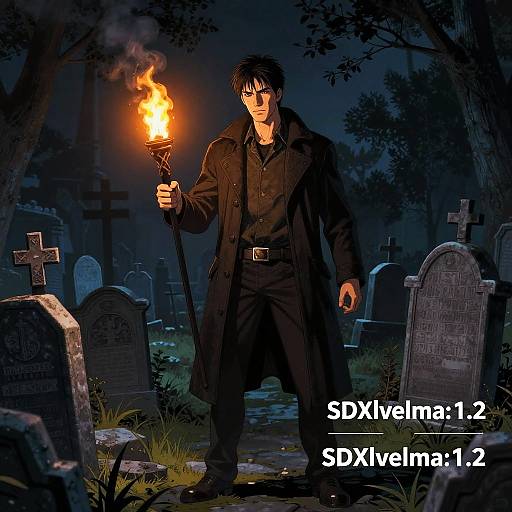 Digital artwork of a dark-haired man in a black coat holding a fiery torch in a grave-studded, moonlit cemetery. Text: SDXlive
