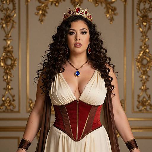 Photograph of a woman with long curly black hair, wearing a crown, deep V-neck white gown, red corset, blue pendant, and gold