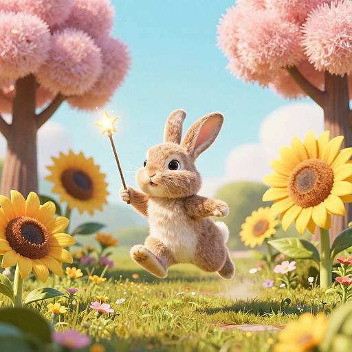 CGI illustration of a fluffy, brown rabbit with black eyes, holding a glowing stick, jumping in a sunny meadow with sunflowers, pink cherry