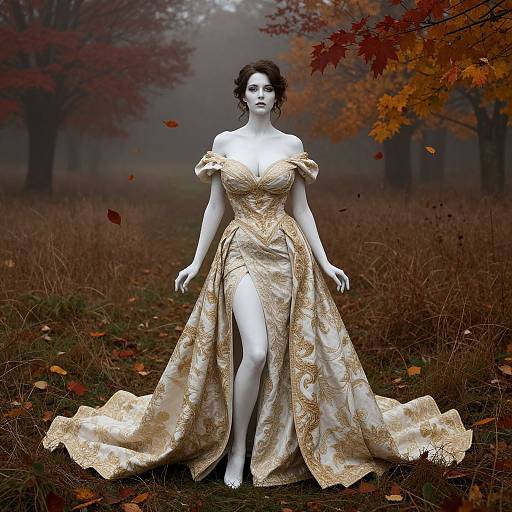 Photorealistic CGI of a white-skinned woman in an off-shoulder, gold-embroidered ball gown with a high slit, standing