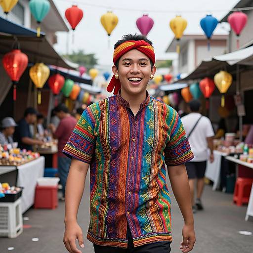 Photograph of a smiling Asian man with tan skin, wearing a colorful, patterned short-sleeve shirt and red headband, standing in a