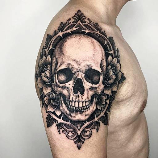 Symmetrical Skull and Thorn Tattoo