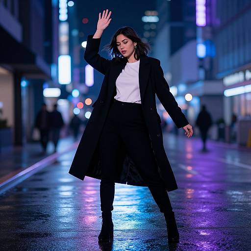Photograph of a young woman in a black coat, white shirt, and black skirt, waving on a neon-lit, rainy city street at night