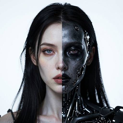 Digital portrait of a pale-skinned woman with black hair, half-human half-robot, split face, cybernetic right side, white background.