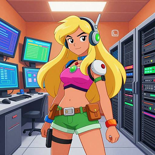 Anime-style digital drawing of a blonde woman with long hair, wearing headphones, pink crop top, green shorts, and tech accessories, standing in a brightly