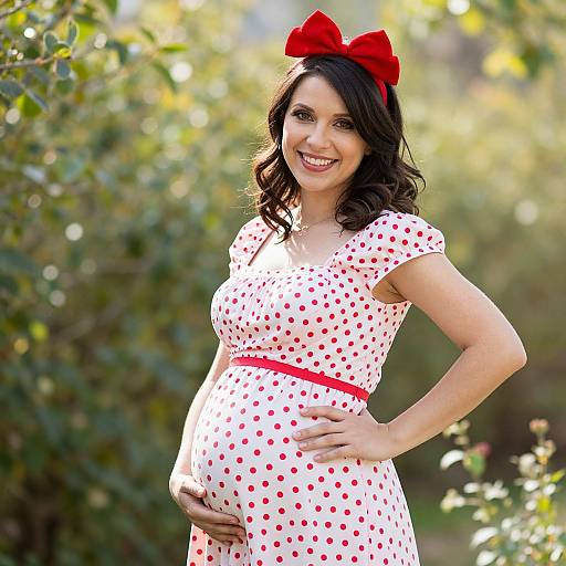 Photograph of a smiling, pregnant woman with dark hair, wearing a red bow, white polka dot dress, and red belt, standing in a