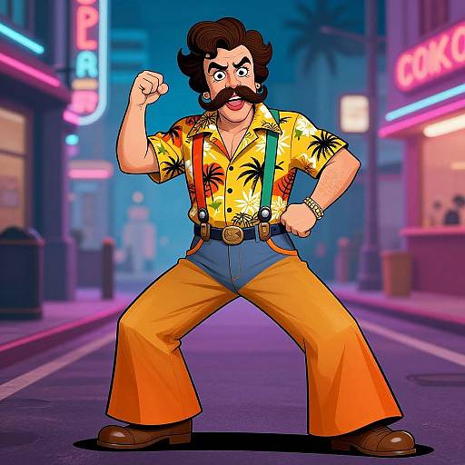 Cartoon-style illustration of a muscular, mustached man in a neon-patterned shirt, orange pants, and suspenders, flexing his right arm
