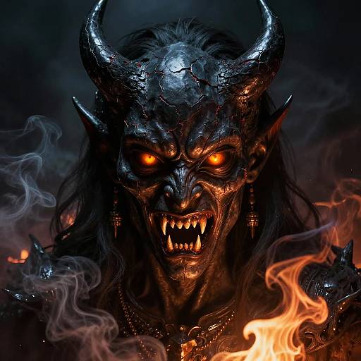 Digital artwork of a demonic figure with glowing orange eyes, sharp teeth, black horns, and a charred, smoky background with flames.