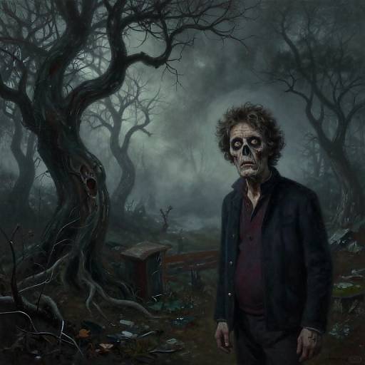 Digital artwork of a creepy, zombie-like man with wild hair, dark clothes, and pale face, standing in a foggy, twisted forest.