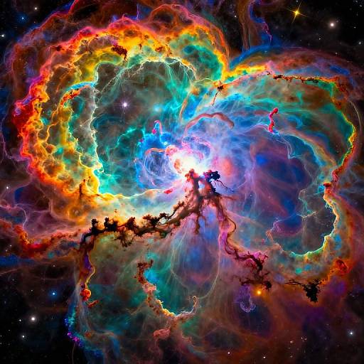 Vivid photograph of a colorful nebula with vibrant reds, oranges, blues, and greens, showcasing intricate gas clouds and star-like points in the