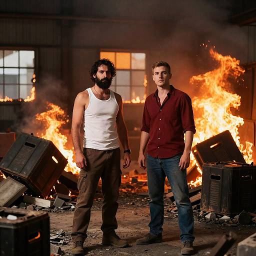 Two men in burning warehouse
