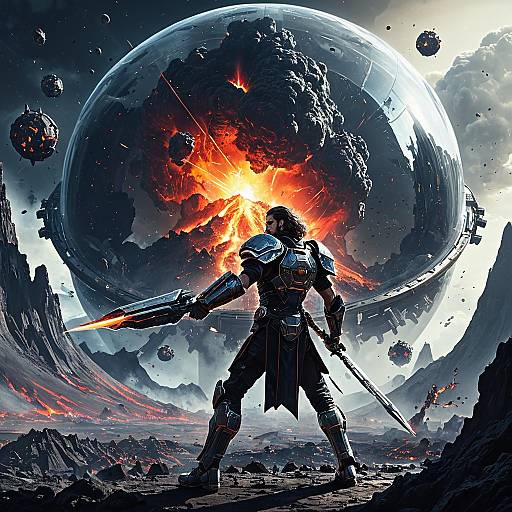 Futuristic Space Gladiator on Volcanic Planet