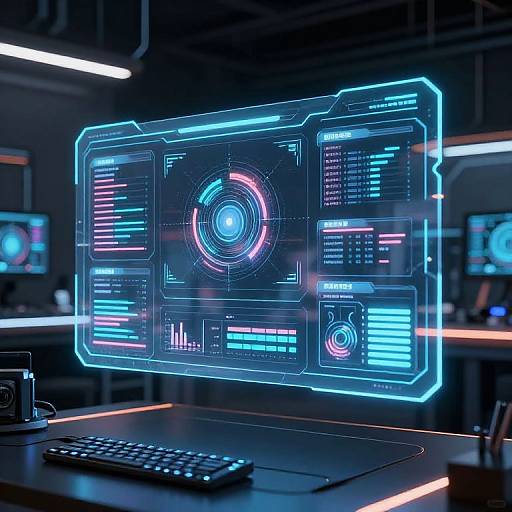 Neon blue and pink holographic computer screen floating above a dark desk with a keyboard, in a futuristic, dimly-lit room.