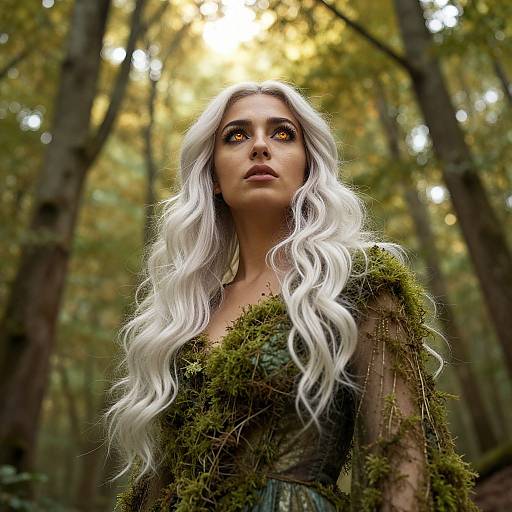 Photograph of a young woman with long, wavy white hair, wearing a moss-covered, forest-inspired dress, standing in a sunlit forest.